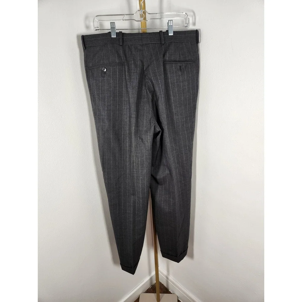 VINTAGE Woolmark 100% Wool Mens Pinstripe Gray Slacks Trousers 36R Pleated Front